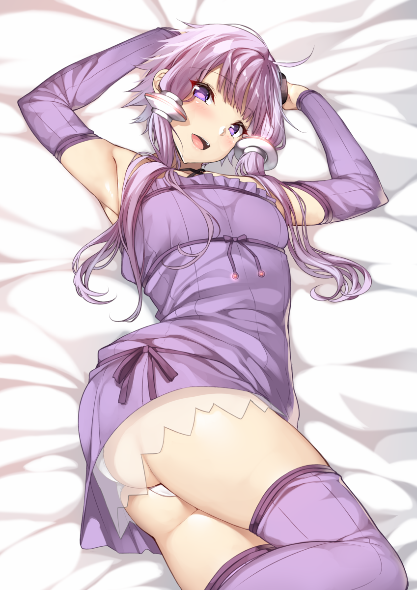 1girl arm_warmers armpits arms_up ass bed_sheet blush bow bowtie commentary_request dress hair_ornament highres looking_at_viewer lying open_mouth panties purple_dress purple_legwear see-through shiny shiny_hair shiny_skin short_dress short_hair sidelocks smile solo thighhighs thighs underwear vocaloid voiceroid white_panties yappen yuzuki_yukari
