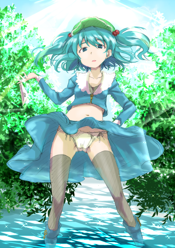 black_legwear blue_eyes blue_hair blue_sky boots branch cabbie_hat crop_top day frilled_shirt_collar frills glitter hair_bobbles hair_ornament hat holding holding_panties kawashiro_nitori key lace lace-trimmed_panties leaf light_rays light_trail long_sleeves midriff navel outdoors panties pantyshot pantyshot_(standing) plant shirt short_hair skirt skirt_lift skirt_set sky solo standing sunbeam sunlight takahashi_kouta thighhighs touhou two_side_up underwear upskirt wading water white_panties wind wind_lift