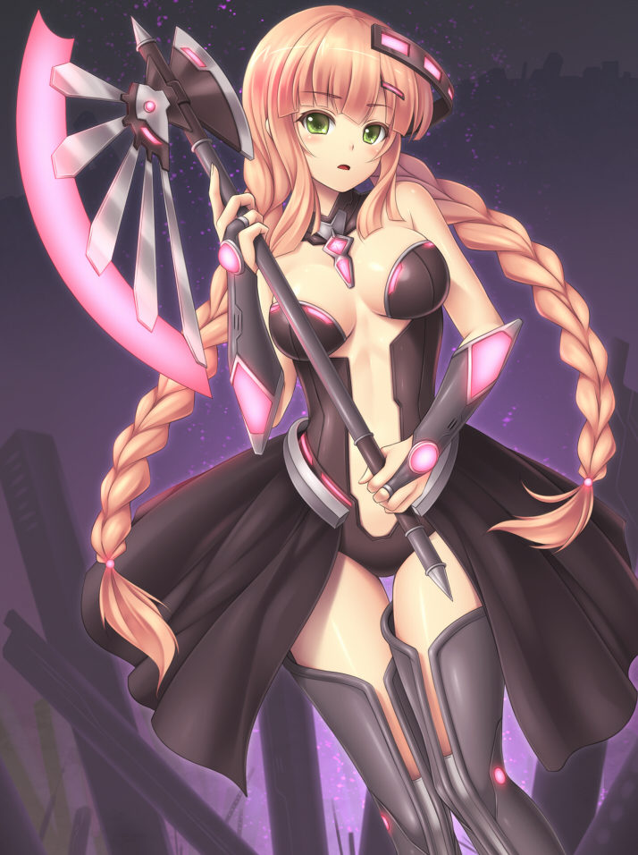 axe blonde_hair braid breasts bridal_gauntlets center_opening detached_collar energy_weapon glowing green_eyes long_hair mecha_musume medium_breasts open_mouth original sasaame skirt solo thigh_gap thighhighs twin_braids very_long_hair weapon