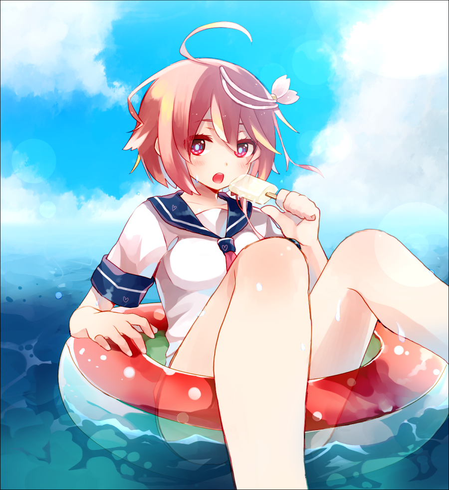 ahoge bad_id bad_pixiv_id blush food hair_ornament i-58_(kantai_collection) kantai_collection open_mouth popsicle red_eyes red_hair redbear07 school_uniform serafuku short_hair solo water