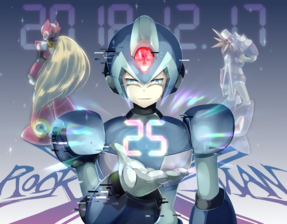 3boys android axl blonde_hair capcom commentary_request copyright_name gloves gradient gradient_background green_eyes gun helmet holding holding_gun holding_weapon light_smile long_hair male_focus multiple_boys origami15_xza ponytail rockman rockman_x standing weapon white_gloves x_(rockman) zero_(rockman)