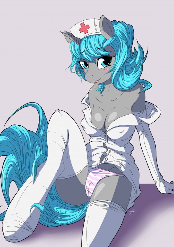anthro breasts camel_toe cleavage clothed clothing cyan_eyes cyan_hair equine female horn mammal my_little_pony original_character suggestive unicorn
