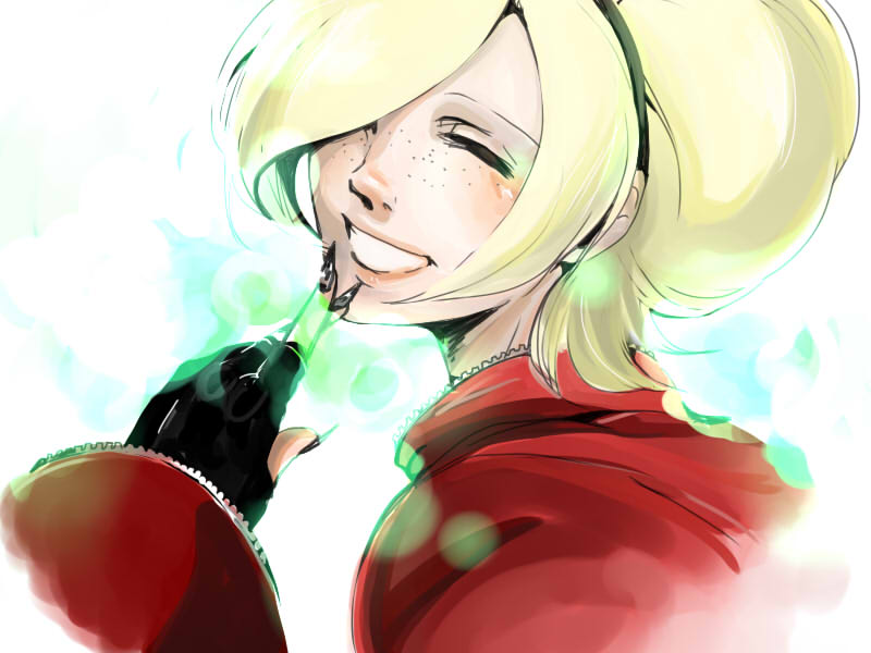 androgynous ash_crimson black_nails blonde_hair closed_eyes face fingerless_gloves fingernails fire freckles gloves grin hair_over_one_eye hairband lips long_fingernails male_focus nail_polish pyrokinesis smile solo the_king_of_fighters thegodsrequiem
