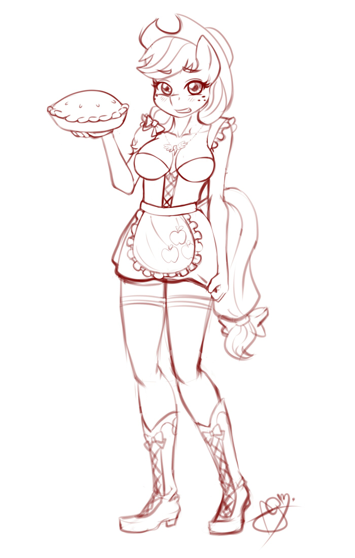 2014 anthro anthrofied applejack_(mlp) apron blush boots bow breasts cleavage clothed clothing cowboy_hat dress earth_pony equine female freckles friendship_is_magic hair hat holding horse legwear looking_at_viewer mammal monochrome my_little_pony necklace pia-sama pie pony pulling solo standing stockings tugging
