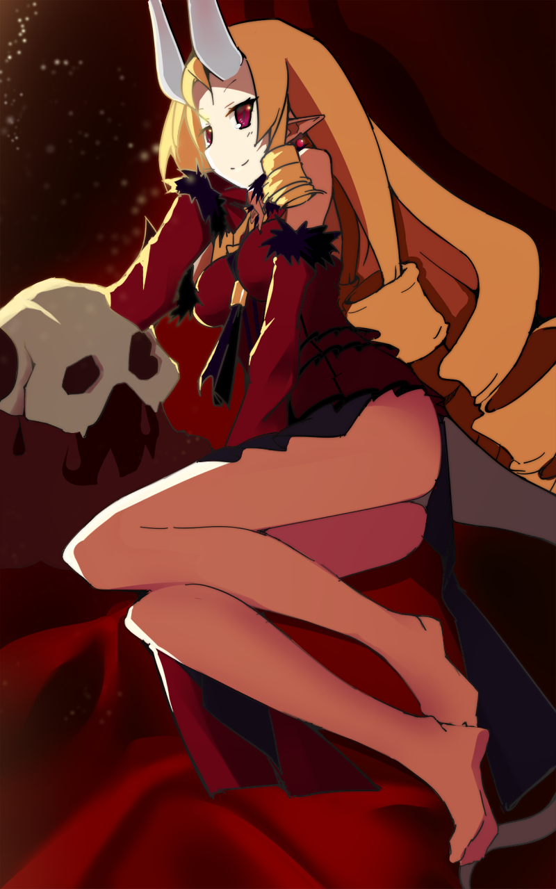 bad_id bad_pixiv_id bare_legs barefoot blonde_hair breasts chin_rest detached_sleeves disgaea drill_hair earrings highres horns jewelry large_breasts legs light_smile long_hair lying makai_senki_disgaea_3 on_side pointy_ears red_eyes solo stella_grossular tigersaber very_long_hair