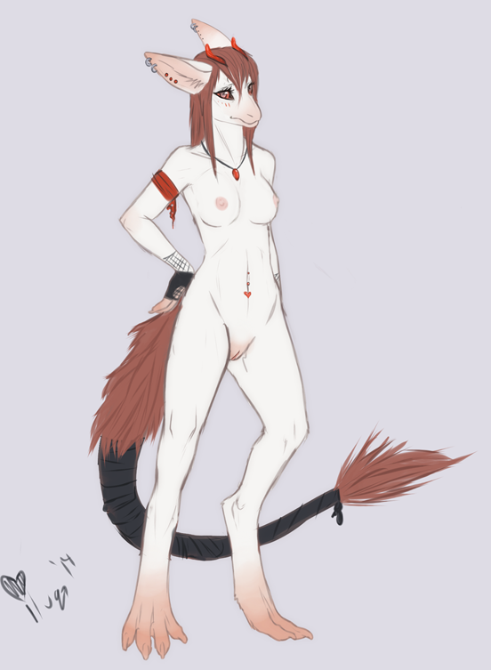 2014 anthro dra'essa female fur hair horn iluq invalid_tag necklace nude red_eyes red_hair tala_draeis white_fur