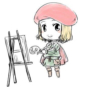 artist_painter assassin's_creed_(series) assassin's_creed_ii beret blonde_hair canvas_(object) cape chibi easel hat leonardo_da_vinci lowres male_focus palette smile solo tatsuri_(forest_penguin)