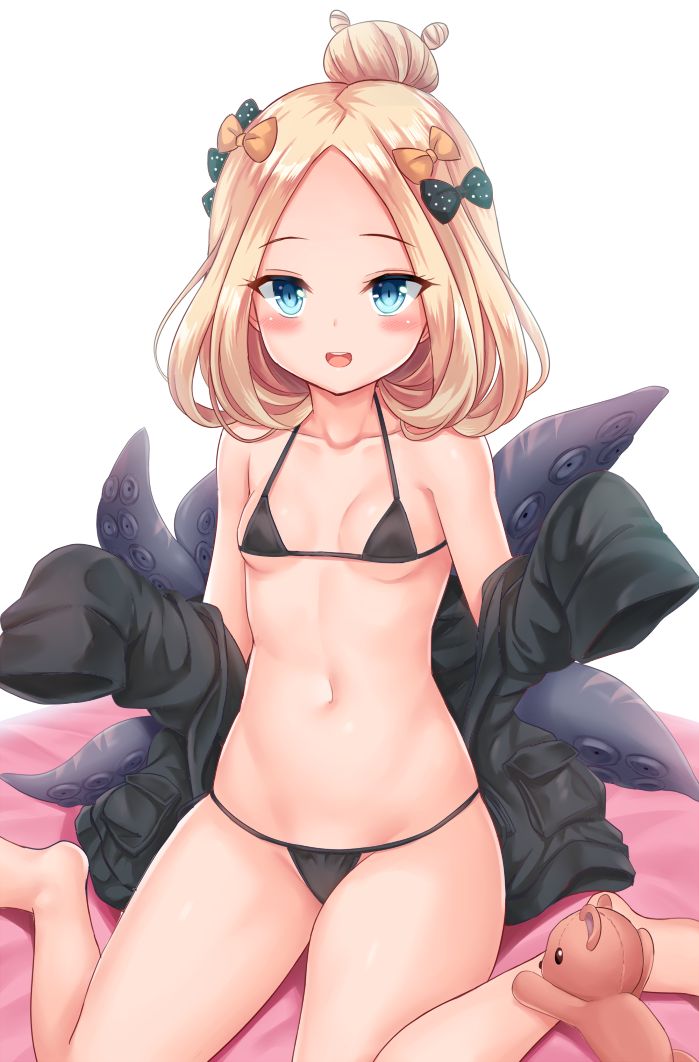 1girl :d abigail_williams_(fate/grand_order) bangs bare_legs bare_shoulders barefoot bed_sheet bikini black_bikini black_bow black_jacket blonde_hair blue_eyes blush bow breasts collarbone commentary_request eyebrows_visible_through_hair fate/grand_order fate_(series) feet forehead groin hair_bow hair_bun hands_up heroic_spirit_traveling_outfit high_collar hips jacket legs long_hair long_sleeves looking_at_viewer micro_bikini navel off_shoulder open_clothes open_jacket open_mouth orange_bow parted_bangs polka_dot polka_dot_bow round_teeth shimokirin simple_background sitting sleeves_past_fingers sleeves_past_wrists small_breasts smile solo stuffed_animal stuffed_toy suction_cups swimsuit teddy_bear teeth tentacle thighs upper_teeth wariza white_background