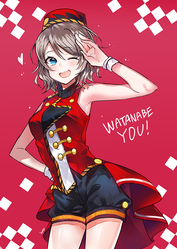 1girl ;d artist_name black_shorts blue_eyes character_name cowboy_shot grey_hair hand_on_hip hat heart hyugo looking_at_viewer love_live! love_live!_sunshine!! one_eye_closed open_mouth red_background red_hat salute short_hair short_shorts shorts sleeveless smile solo watanabe_you wrist_cuffs