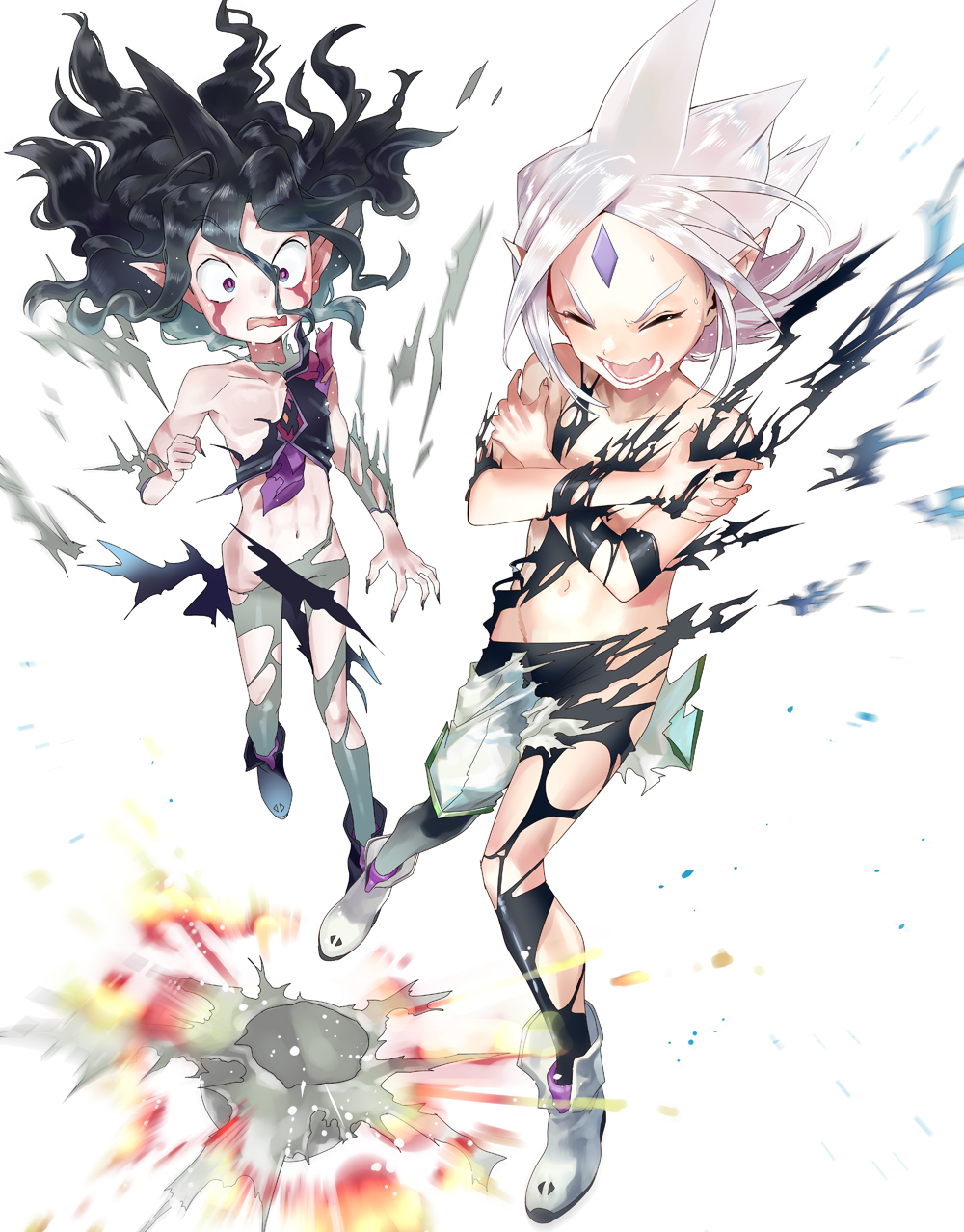 brothers exploding_clothes explosion fingernails gandaresu_baran highres inazuma_eleven_(series) inazuma_eleven_go inazuma_eleven_go_galaxy long_fingernails male_focus multiple_boys navel ogino_atsuki open_mouth pointy_ears ryugeru_baran siblings torn_clothes white_background