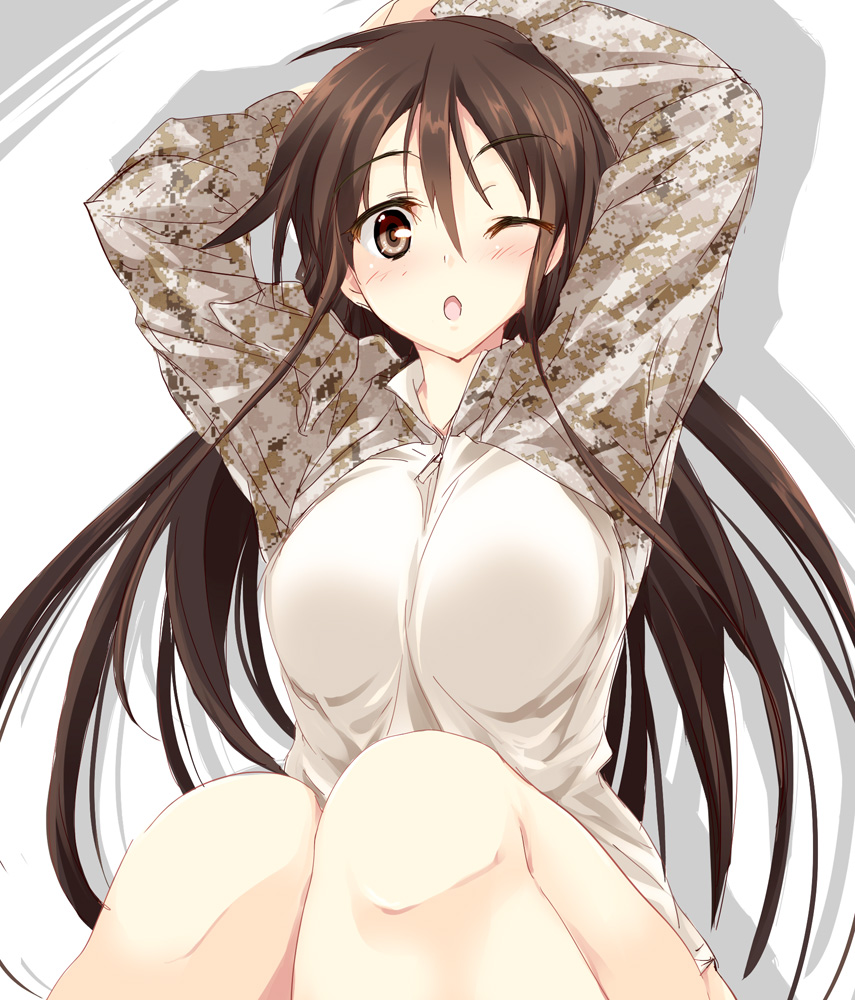 ;o arms_up blush breasts brown_eyes brown_hair camouflage large_breasts long_hair looking_at_viewer matsuno_canel one_eye_closed original sitting solo