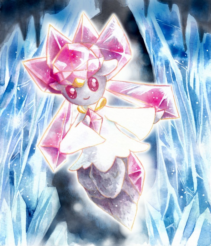 bad_pixiv_id crystal diancie gen_6_pokemon legendary_pokemon mega_diancie no_humans pink_eyes pokemon pokemon_(creature) smile solo traditional_media watercolor_(medium)