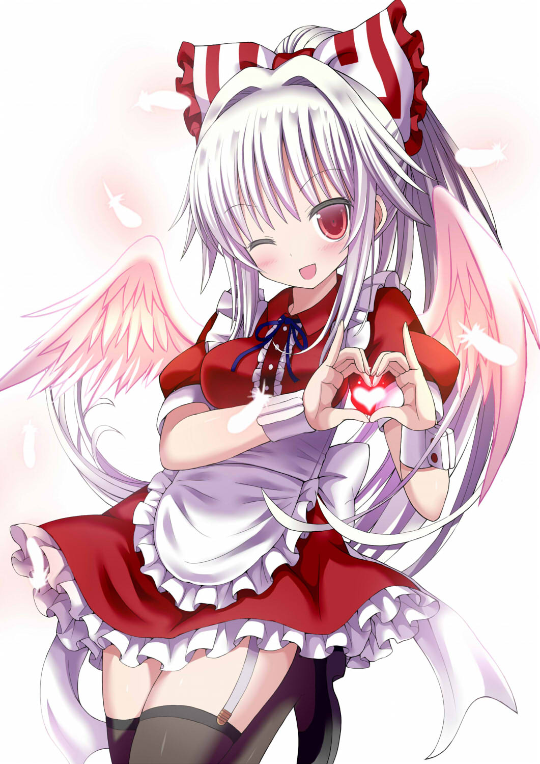 ;d albino alternate_costume apron black_footwear black_legwear blush center_frills collared_dress commentary_request dress enmaided feathered_wings feathers frilled_apron frills fujiwara_no_mokou garter_straps givuchoko hands_up heart heart_hands highres jpeg_artifacts long_hair looking_at_viewer maid moe_moe_kyun! neck_ribbon one_eye_closed open_mouth puffy_short_sleeves puffy_sleeves red_dress red_eyes ribbon short_dress short_sleeves smile solo thighhighs touhou very_long_hair waist_apron white_apron white_background white_hair white_wings wing_collar wings wrist_cuffs zettai_ryouiki