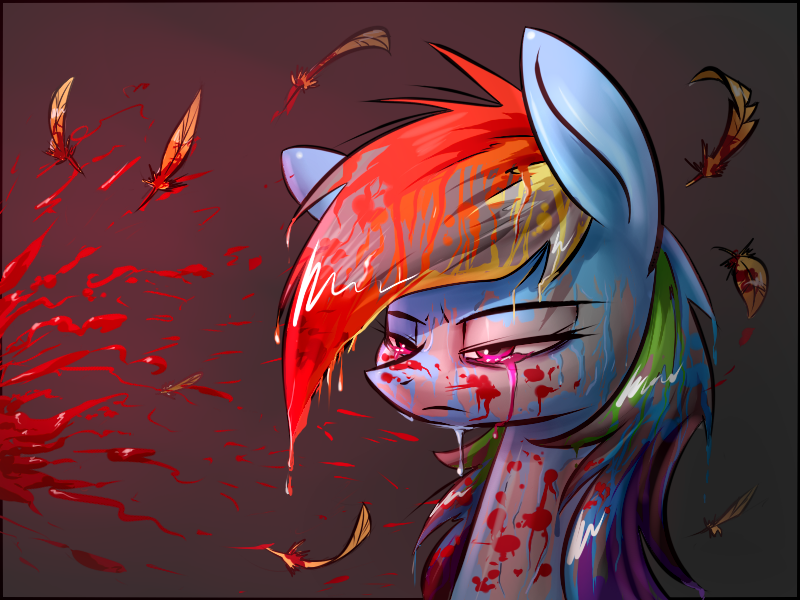 2014 blood dripping equine feathers female friendship_is_magic glowing hair mammal multi-colored_hair my_little_pony pegasus purple_eyes rainbow_dash_(mlp) rainbow_factory rainbow_hair solo underpable wings