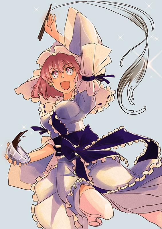 arm_up blue_background blue_dress bow bowl chopsticks dress food frilled_dress frills hat long_sleeves looking_up mob_cap numany obi open_mouth pink_eyes pink_hair puffy_sleeves ribbon saigyouji_yuyuko sash short_hair simple_background smile solo sparkle touhou veil wide_sleeves