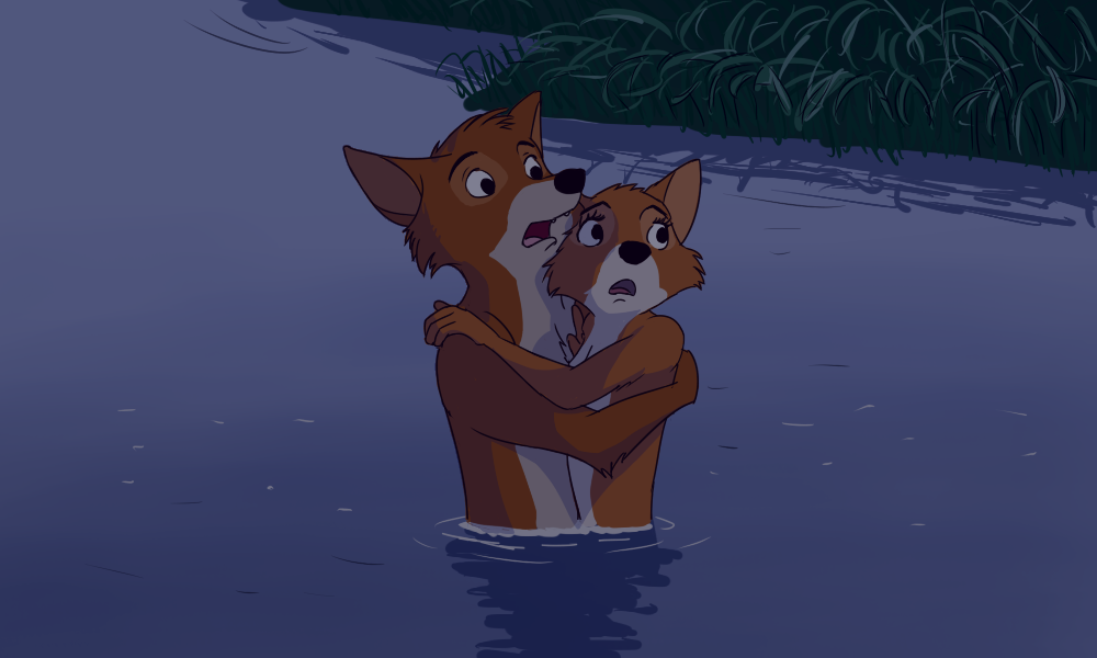 2014 anthro busted canine cartoon female fox fur hug maid_marian male mammal nude paintfox pond robin_hood robin_hood_(disney) straight tagme water