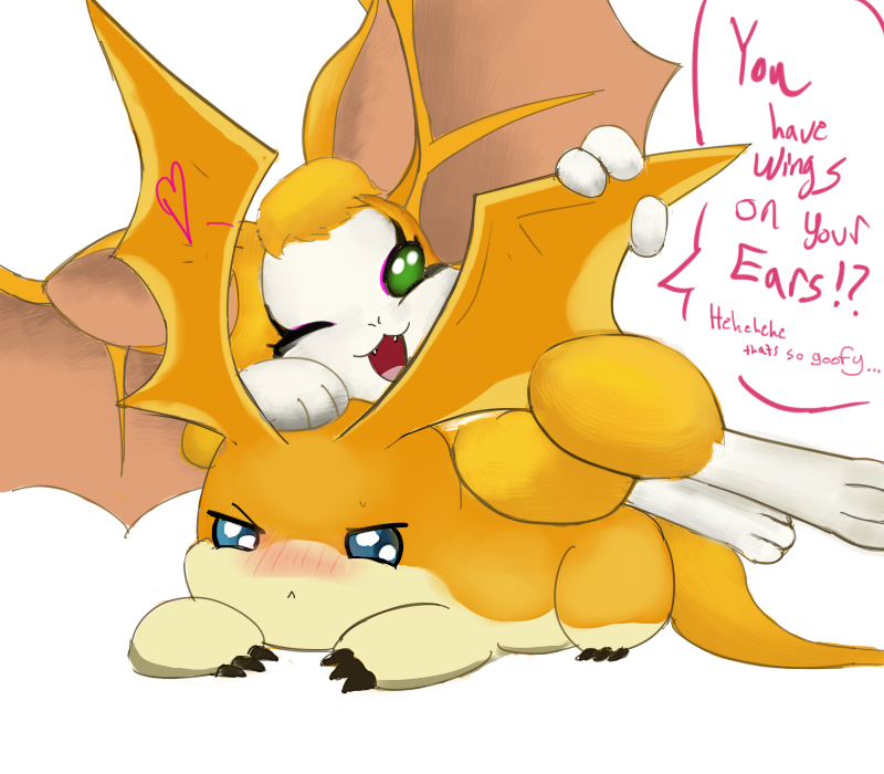 &lt;3 blue_eyes blush crossover cute digimon duo dust:_an_elysian_tail embarrassed english_text fangs female fidget fur green_eyes male nimbat orange_fur patamon plain_background taunting teasing text unknown_artist video_games white_background