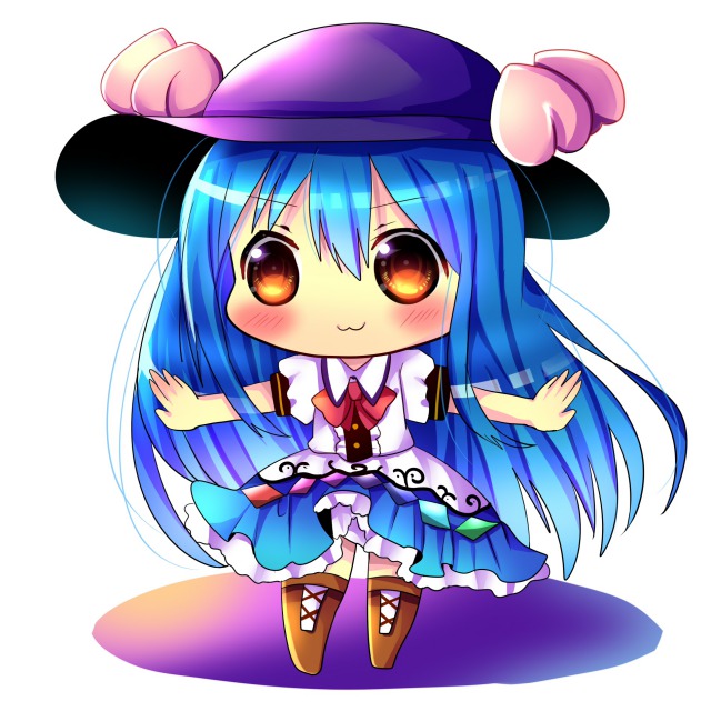 :3 blue_hair blush brown_eyes chibi chocolat_(momoiro_piano) food fruit hat hinanawi_tenshi long_hair looking_at_viewer outstretched_arms peach smile solo spread_arms touhou