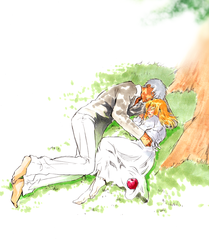1girl apple archer artoria_pendragon_(all) barefoot black_suit blonde_hair dress fate/hollow_ataraxia fate/stay_night fate_(series) food formal fruit grass image_sample md5_mismatch orthrusugigami38 pixiv_sample saber sleeping suit tree under_tree white_dress white_hair
