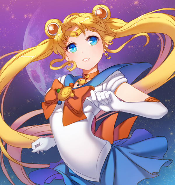 back_bow bishoujo_senshi_sailor_moon blonde_hair blue_background blue_eyes blue_sailor_collar blue_skirt bow brooch choker double_bun earrings elbow_gloves gloves gradient gradient_background hair_ornament hairpin jewelry kail long_hair magical_girl pleated_skirt purple_background red_bow red_choker ribbon sailor_collar sailor_moon sailor_senshi_uniform skirt smile solo tiara tsukino_usagi twintails white_gloves