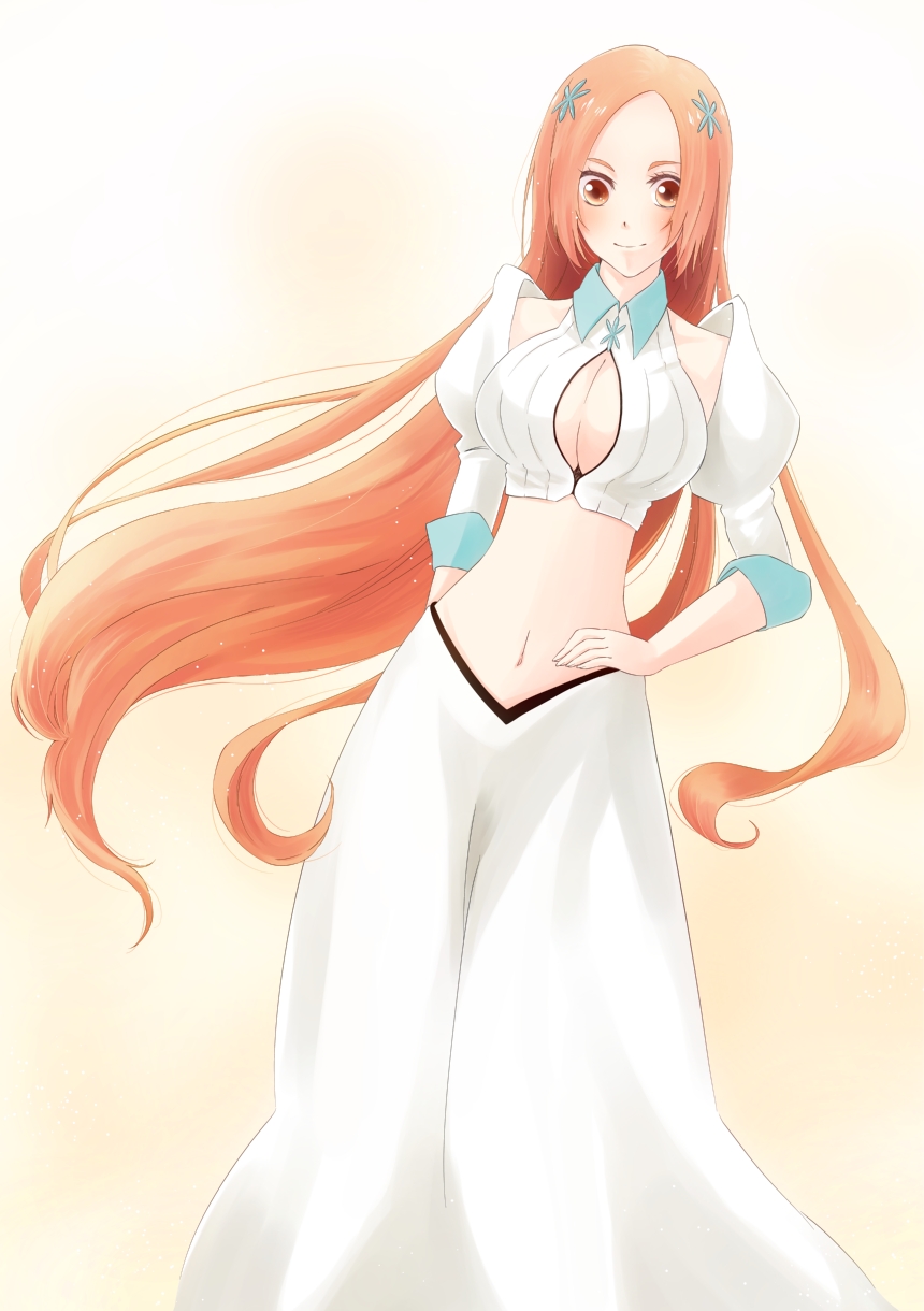 1girl bare_shoulders bleach bleach:_the_thousand-year_blood_war breasts cleavage cleavage_cutout detached_sleeves eri hair_ornament hairpin hand_on_hip inoue_orihime large_breasts long_hair looking_at_viewer midriff navel orange_eyes orange_hair smile solo very_long_hair