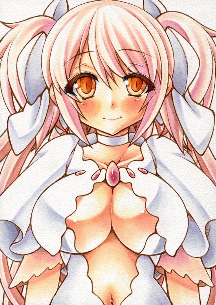 bow breasts cleavage cleavage_cutout hair_bow kaname_madoka large_breasts long_hair magical_girl mahou_shoujo_madoka_magica marker_(medium) navel pink_hair simple_background slit_pupils smile solo spoilers traditional_media two_side_up ultimate_madoka white_background yellow_eyes yutakasan-love