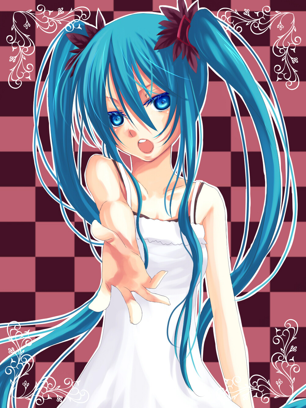 angry bad_id bad_pixiv_id blue_eyes blue_hair blush dress hair_ribbon hatsune_miku highres long_hair open_mouth ribbon solo twintails vocaloid world_is_mine_(vocaloid) you_zasshoku