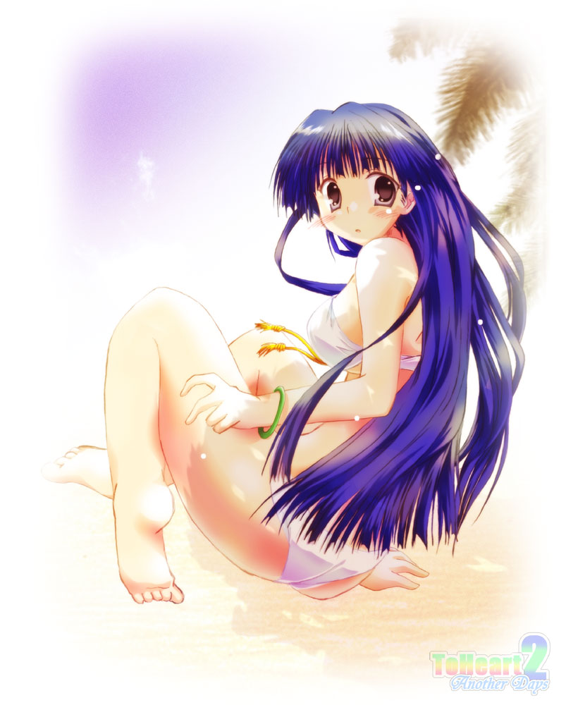 barefoot bikini blue_hair feet kusakabe_yuuki_(to_heart_2) long_hair looking_back purple_eyes solo swimsuit tamaki_(diarie_inaiinaibaa) to_heart_2