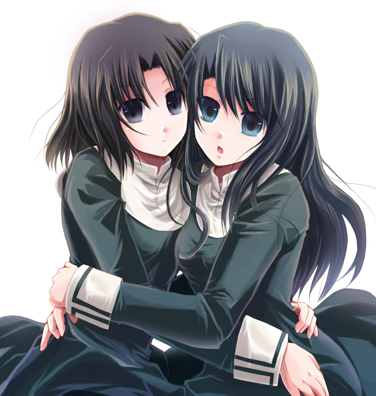 black_eyes black_hair blue_eyes hug izumiya_otoha kara_no_kyoukai kokutou_azaka multiple_girls open_mouth ryougi_shiki school_uniform