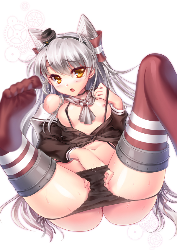 amatsukaze_(kantai_collection) bad_id bad_pixiv_id black_panties blush breasts choker fingering hair_tubes kantai_collection long_hair looking_at_viewer navel nipples no_pants open_mouth panties panty_pull s-yin shirt_pull side-tie_panties silver_hair small_breasts solo spread_legs striped striped_legwear sweat tears thighhighs two_side_up underwear yellow_eyes