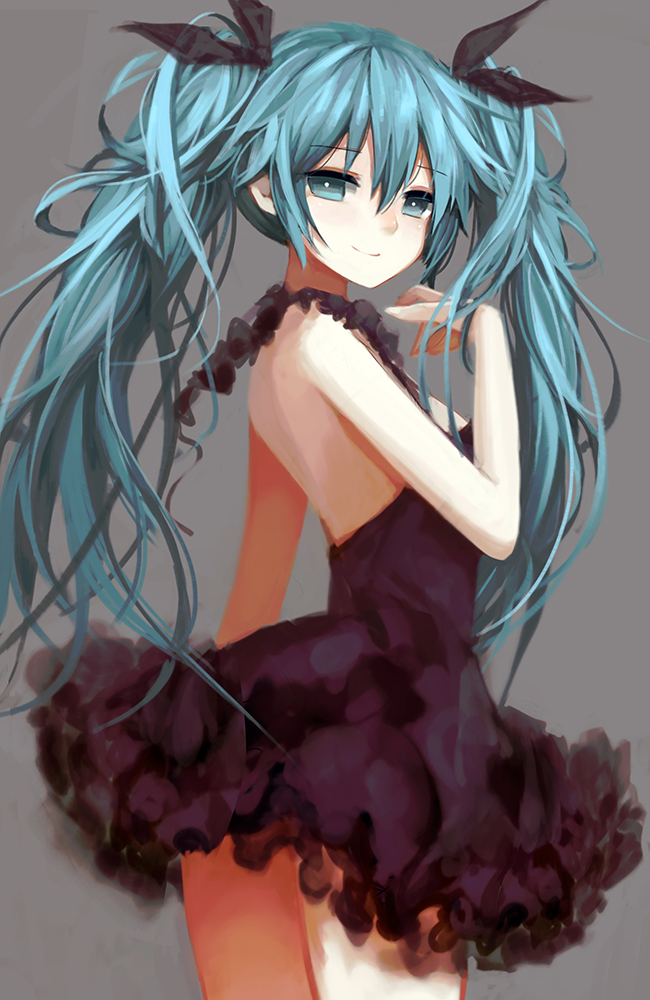 aqua_eyes aqua_hair arched_back backless_dress backless_outfit black_dress dress frilled_dress frills grey_background hatsune_miku long_hair looking_at_viewer messy_hair smile solo twintails vocaloid zen_o