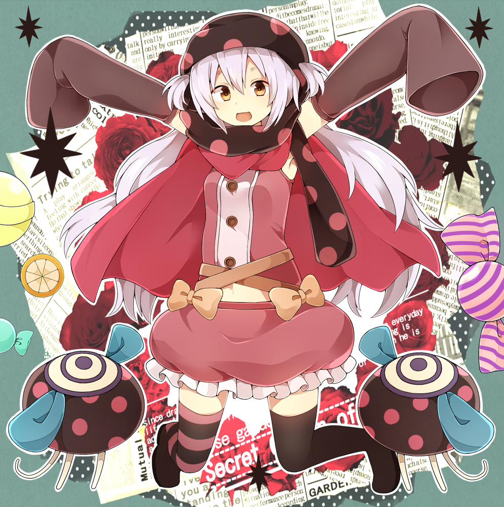 :d \o/ arms_up bare_shoulders black_legwear boots brown_eyes candy candy_wrapper charlotte_(madoka_magica) detached_sleeves food frilled_skirt frills long_hair looking_at_viewer mahou_shoujo_madoka_magica midriff mismatched_legwear momoe_nagisa open_mouth outstretched_arms polka_dot polka_dot_scarf pyotr_(madoka_magica) ribbon scarf short_twintails silver_hair skirt sleeves_past_wrists smile spoilers striped striped_legwear thigh_boots thighhighs twintails two_side_up yuusa