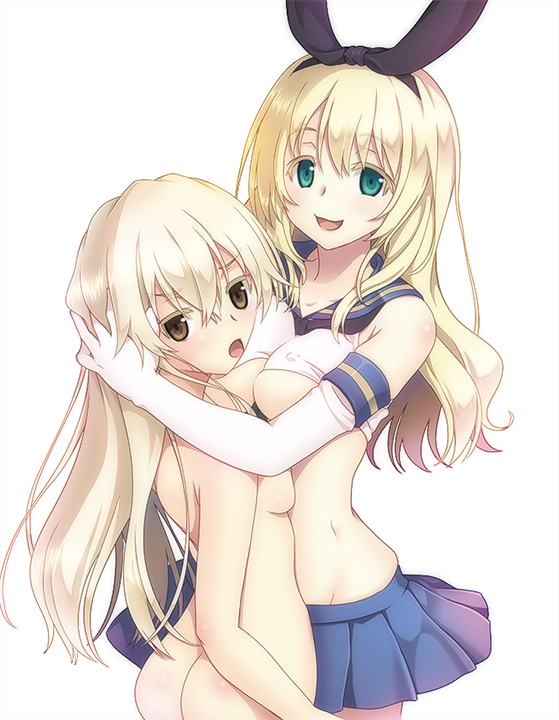 asymmetrical_docking atago_(kantai_collection) blonde_hair breast_press breasts brown_eyes clothed_female_nude_female cosplay crop_top elbow_gloves gloves green_eyes groin hair_ribbon hug kantai_collection large_breasts long_hair looking_at_viewer midriff miniskirt multiple_girls nude open_mouth ribbon school_uniform serafuku shimakaze_(kantai_collection) shimakaze_(kantai_collection)_(cosplay) shiromochi skirt undersized_clothes