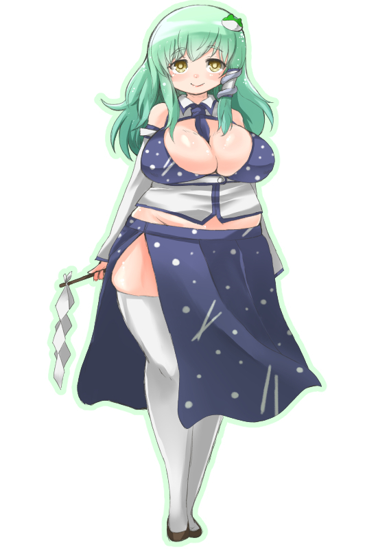bare_shoulders breasts detached_sleeves fat frog_hair_ornament gohei green_hair hair_ornament huge_breasts kochiya_sanae lipstick long_hair looking_at_viewer makeup necktie plump shinobe side_cutout skirt smile snake_hair_ornament solo thick_thighs thighs touhou white_legwear wide_hips yellow_eyes