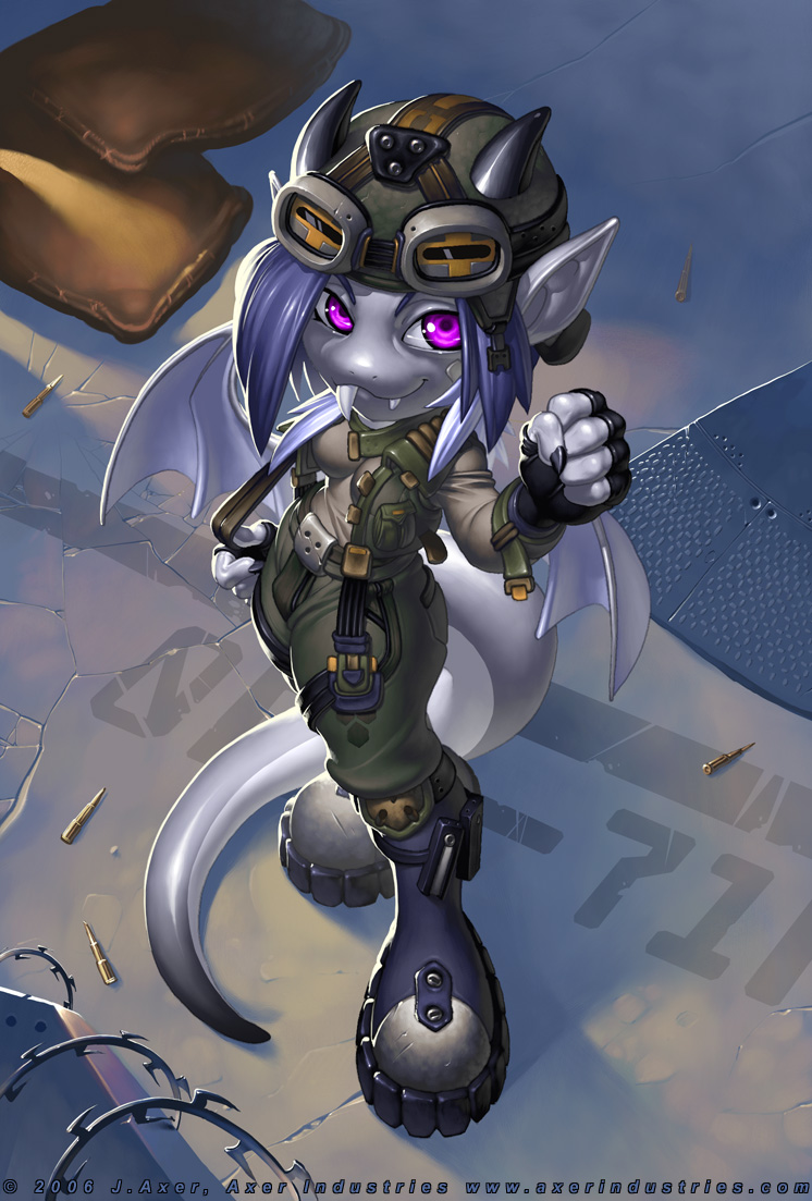 2006 boots breasts chibi dragon eyewear fangs female gloves goggles hair helmet highlights horn invalid_tag j_axer leigh military purple_eyes purple_hair reptile scalie smile solo thighs white_highlights wide_hips