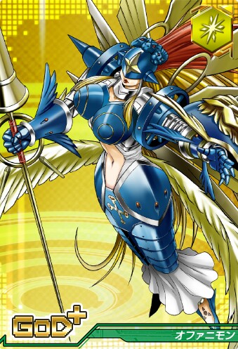 angel_wings armor blonde_hair breasts collar cross curvy digimon digimon_collectors dress gauntlets high_heels huge_breasts lance lipstick long_hair looking_up lowres makeup midriff multicolored_hair multiple_wings ophanimon pauldrons polearm red_hair tattoo two-tone_hair very_long_hair weapon white_dress wings