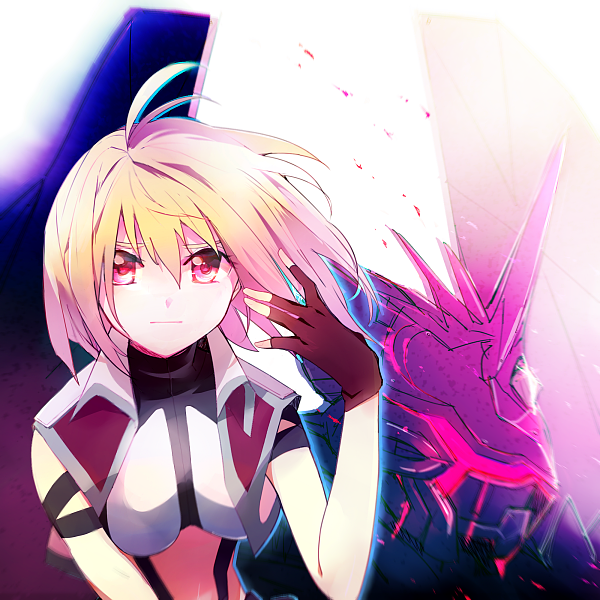 angelise_ikaruga_misurugi antenna_hair atsumi_jun backlighting bad_id bad_pixiv_id bangs blonde_hair crop_top cropped_jacket cross_ange fingerless_gloves gloves hair_between_eyes jacket looking_at_viewer mecha midriff open_clothes open_jacket red_eyes short_hair suspenders turtleneck uniform upper_body villkiss_(cross_ange)