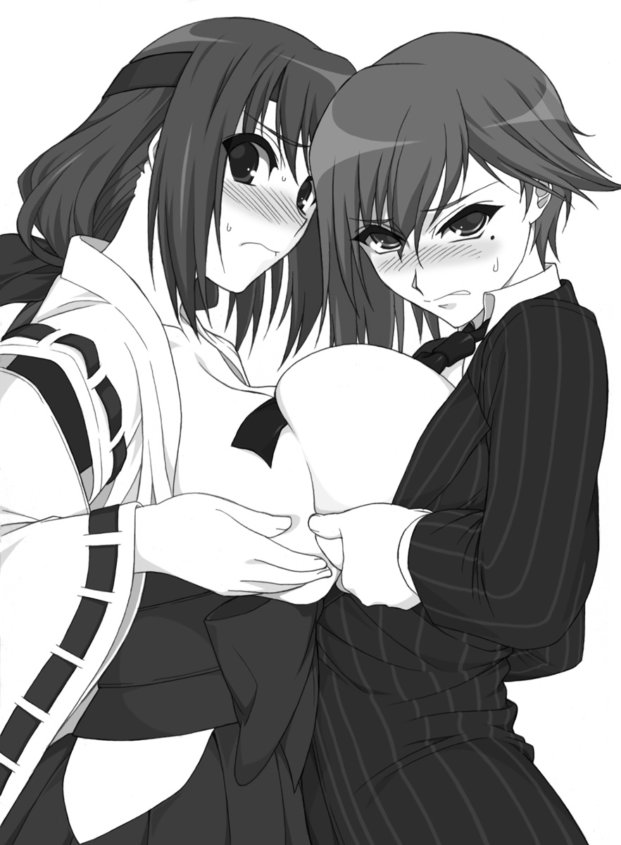 between_breasts blush breast_press breasts breasts_outside deep_skin formal greyscale hakama highres japanese_clothes kumon_waka large_breasts long_hair looking_at_viewer miko mole mole_under_eye monochrome multiple_girls necktie necktie_between_breasts phantom_breaker pinstripe_suit shichimenchou short_hair striped suit sweatdrop symmetrical_docking toujou_ria wide_sleeves
