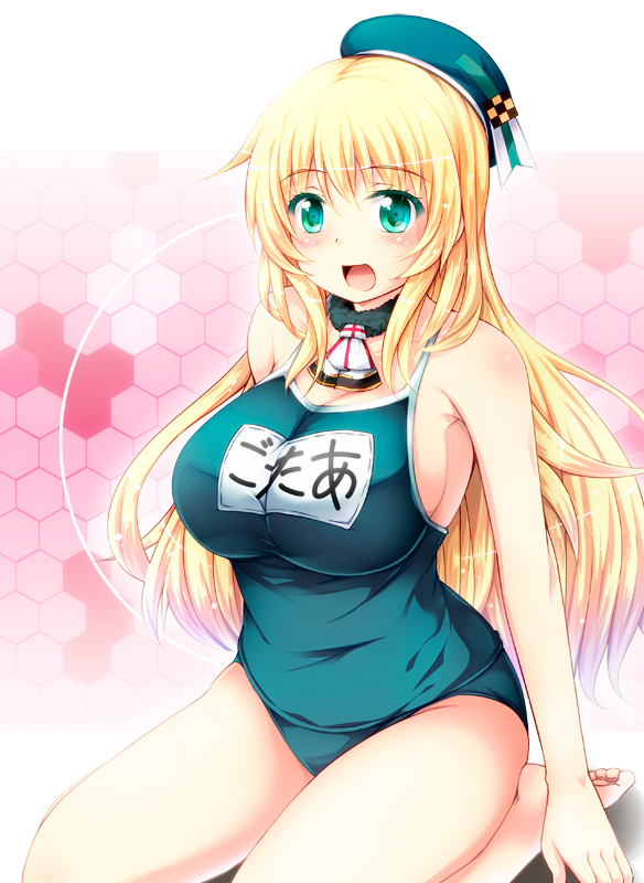 atago_(kantai_collection) blonde_hair breasts competition_school_swimsuit green_eyes hat kantai_collection large_breasts long_hair name_tag one-piece_swimsuit open_mouth school_swimsuit seiza sideboob sitting smile solo swimsuit tekehiro very_long_hair