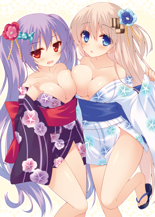 blue_eyes breast_press breasts brown_eyes cleavage hair_ornament japanese_clothes kimono large_breasts light_brown_hair long_hair looking_at_viewer miko_92 multiple_girls off_shoulder open_mouth original parted_lips purple_hair sandals short_kimono twintails