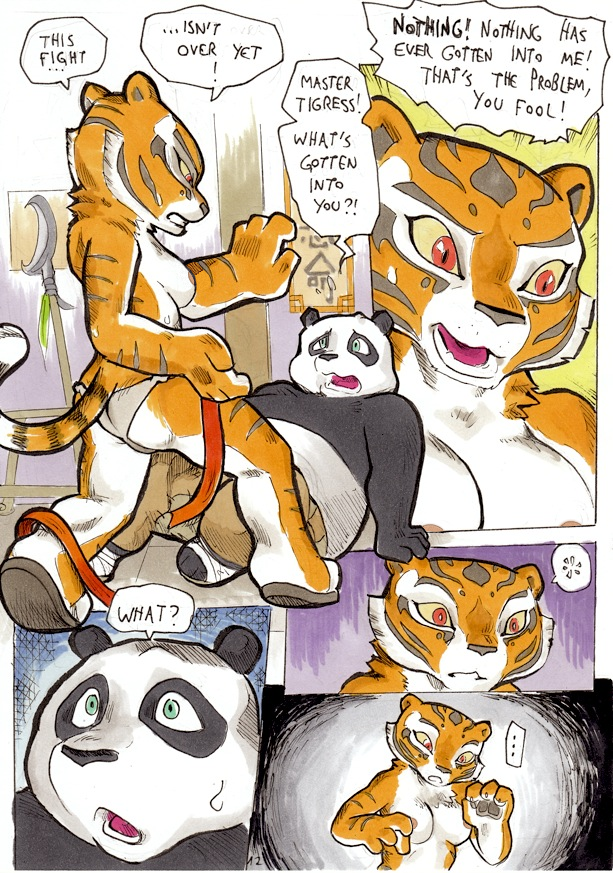 a_seated_night bear better_late_than_never blue_eyes breasts bulge cat comic daigaijin dialog english_text feline female fight kung_fu_panda male mammal master_tigress panda po red_eyes stripes text tiger