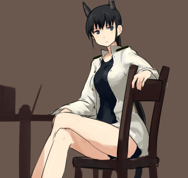 animal_ears black_eyes black_hair chair crossed_legs jacket kitagou_fumika long_hair one-piece_swimsuit open_clothes open_jacket ponytail shibafu_(glock23) sitting solo swimsuit world_witches_series