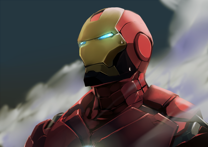 blue_eyes iron_man konishi_(koconatu) male_focus marvel portrait power_armor smoke solo tony_stark