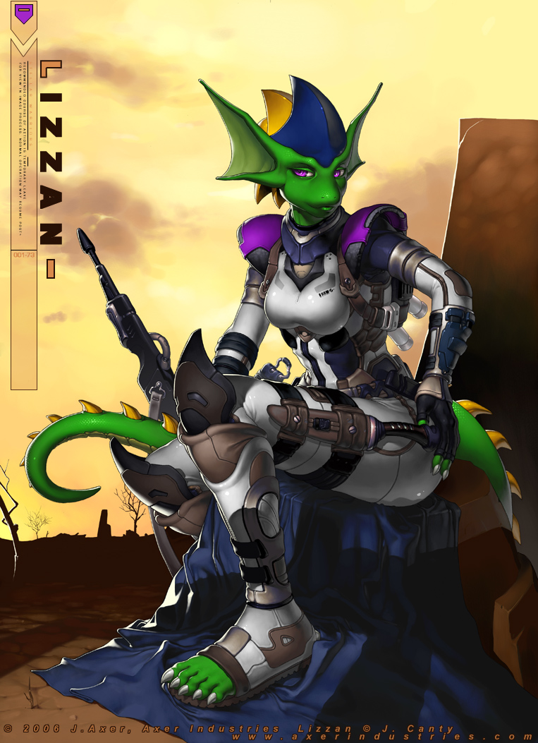 2006 anthro armor breasts butt female hand_on_butt j_axer paws purple_eyes reptile scalie sitting solo thighs wide_hips