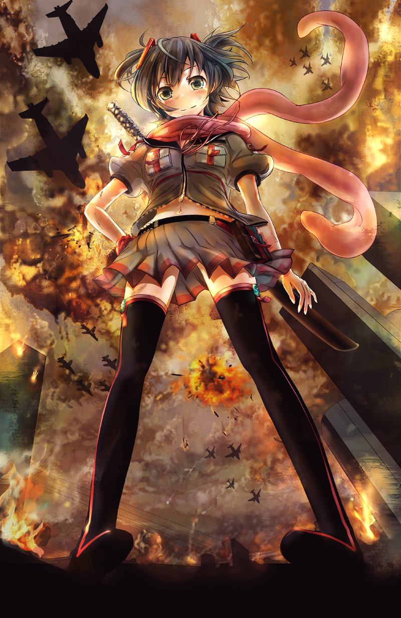 aircraft airplane alternate_hair_color alternate_hair_length alternate_hairstyle aqua_eyes black_hair black_legwear explosion from_below hair_ornament hatsune_miku highres katana keepout looking_at_viewer looking_down navel pigeon-toed pleated_skirt scarf skirt smile solo sword thighhighs two_side_up vocaloid weapon wind zettai_ryouiki