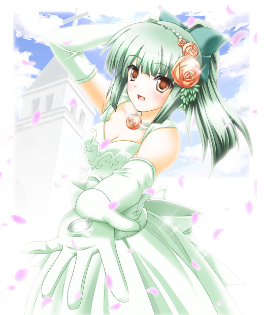 :d alternate_costume bangs blurry bow breasts brown_eyes building cleavage depth_of_field dress elbow_gloves flower gloves green_hair hair_bow hair_flower hair_ornament hair_ribbon jewelry kantai_collection medium_breasts nanatsuki_(arca-nize) open_mouth petals ponytail reaching ribbon ring rose sky smile solo sparkle wedding_band wedding_dress yuubari_(kantai_collection)