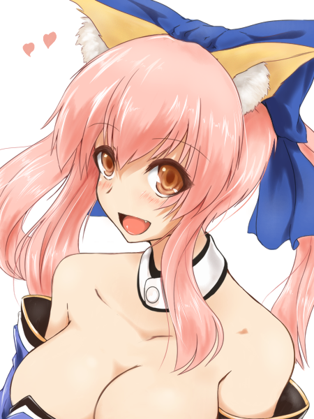 animal_ears bow breasts brown_eyes detached_sleeves fang fate/extra fate_(series) fox_ears fox_tail hair_bow hair_ribbon large_breasts pink_hair ribbon solo tail tamamo_(fate)_(all) tamamo_no_mae_(fate) twintails youu_(midgard)
