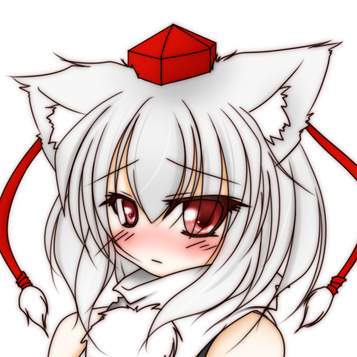 animal_ears bare_shoulders blush detached_sleeves hat inubashiri_momiji konoe_yuu looking_at_viewer pom_pom_(clothes) red_eyes short_hair silver_hair simple_background solo tokin_hat touhou white_background wolf_ears