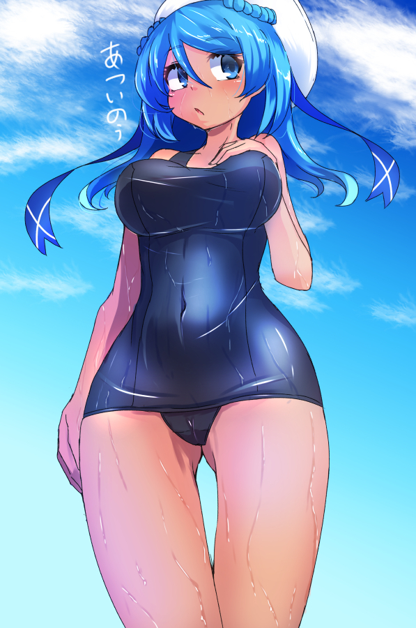 ass_visible_through_thighs bare_shoulders beret blue_eyes blue_hair braid breasts cloud covered_navel hat impossible_clothes impossible_swimsuit kantai_collection large_breasts long_hair looking_at_viewer one-piece_swimsuit school_swimsuit sky solo swimsuit tan tenken_(gotannda) thigh_gap translated urakaze_(kantai_collection) wet white_hat