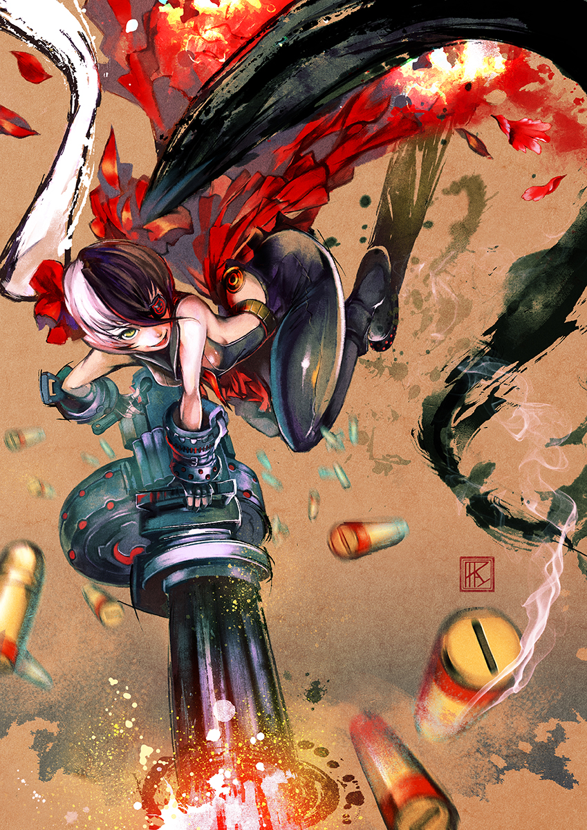 black_hair blade_&amp;_soul blurry casing_ejection depth_of_field eyepatch firing gatling_gun gloves green_eyes gun highres long_hair multicolored_hair muzzle_flash paparaya parted_lips pohwaran rapid-fire shell_casing signature smile smoke solo twintails two-tone_hair very_long_hair weapon white_hair